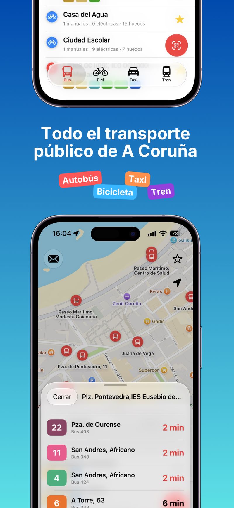 Dársena: mapa de A Coruña con paradas de bus y tiempos de llegada en tiempo real.